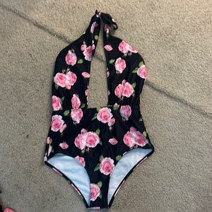 Deep V one piece bathingsuit black w pink floral